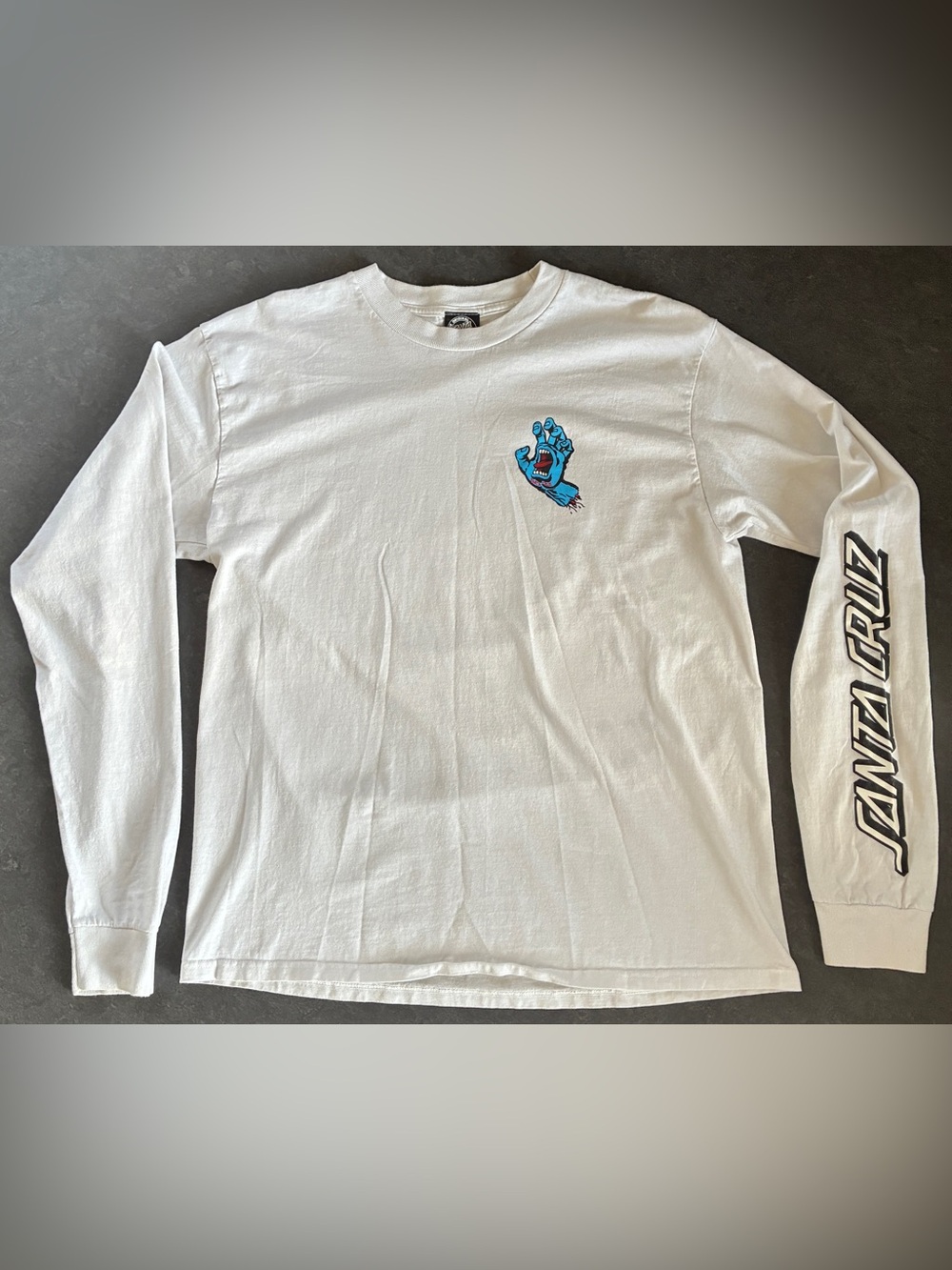 Santa Cruz Skateboards White Long Sleeve Tee with Blue Screaming Hand